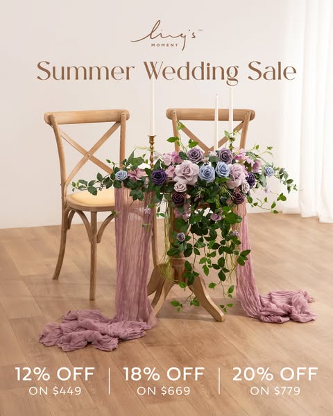 Image ad promoting a summer wedding sale from Ling's Moment. The ad features a floral table arrangement on a light w