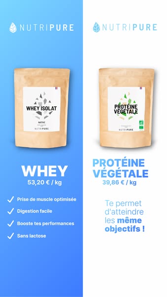 This ad compares two protein powder options from Nutripure: Whey Isolate and Protéine Végétale. The ad highlights the pr