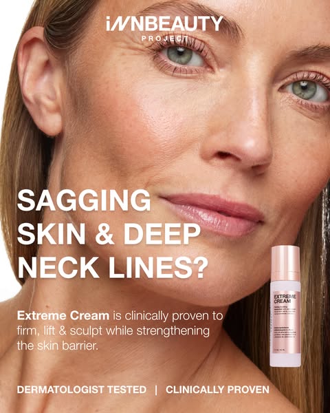 This ad features an up-close shot of a woman's face, directly addressing concerns about sagging skin and deep neck l