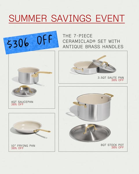 This ad features a 7-piece Ceramica clad cookware set with antique brass handles. It showcases each item in the set and