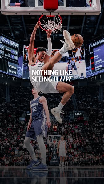 This image ad promotes live NBA games. It features an action shot of a player dunking, overlaid with text promoting the 