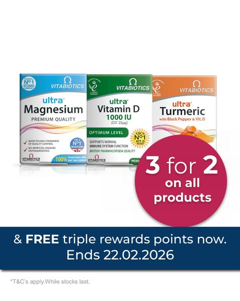 This image ad promotes a special offer from Vitabiotics: 3 for 2 on all products. It features packaging for three differ