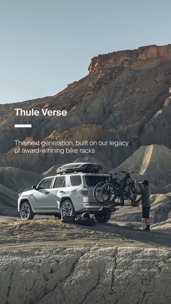 This ad features the Thule Verse bike rack. The product is showcased on the back of a SUV against a backdrop of a desert