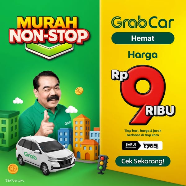 This image ad promotes GrabCar's affordable rides, highlighting a promotional price of Rp 9 Ribu. The ad aims to ent