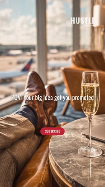 This image ad from The Hustle uses a first-person POV to show the life upgrade that may occur if the viewer subscribes. 
