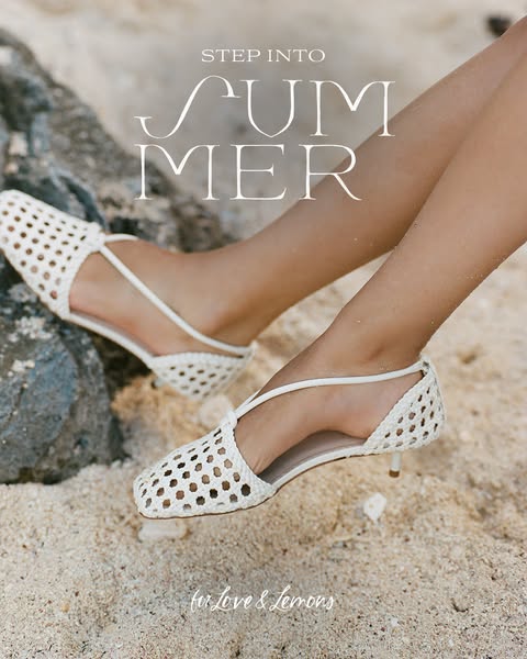 This ad showcases a pair of white, woven heels from For Love & Lemons, positioning them as the perfect footwear for