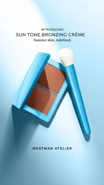 This ad presents the Sun Tone Bronzing Crème from Westman Atelier. A photo of the bronzer compact next to a bronzer brus
