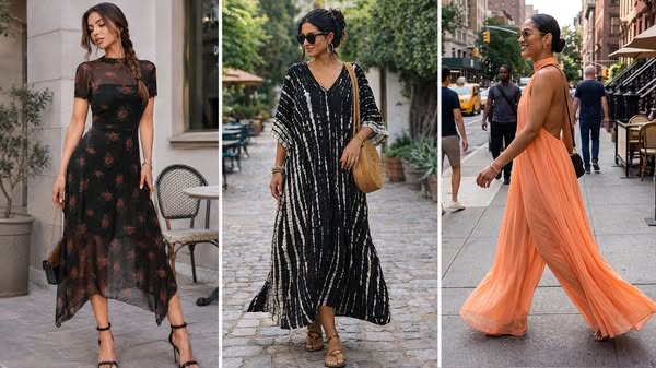 This ad shows three different women wearing three different dresses from the same brand, as they are walking through the