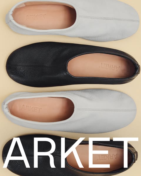 This ad features a product shot of two pairs of Arket ballet flats. The brand name is also displayed in front of one of 