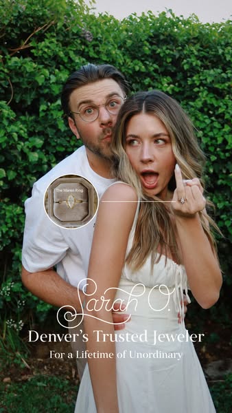 This image ad for Sarah O., a Denver-based jeweler, features a couple posing playfully to highlight an engagement ring. 