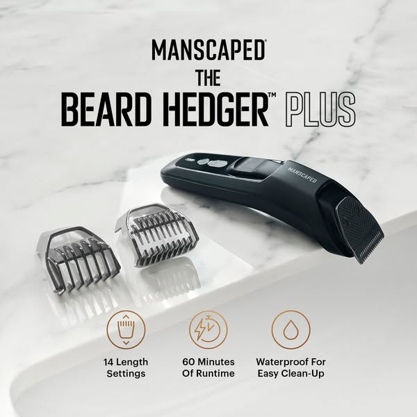 An ad for MANSCAPED's The Beard Hedger™ Plus, highlighting its multiple length settings, runtime, and waterproof fun