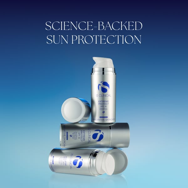 This ad showcases iS Clinical's Extreme Protect SPF 30 sunscreen. It features the product prominently against a blue