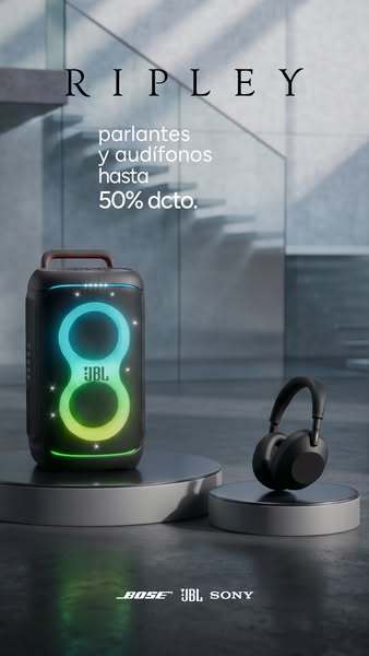 This ad promotes audio products like speakers and headphones at a discount. It is visually minimal, using a product-focu