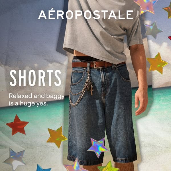 This ad by Aéropostale features an image of a person wearing the brand's baggy jean shorts. The ad is designed to ap