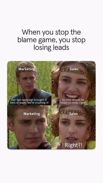 This ad uses a meme format to highlight the common disconnect between marketing and sales teams, suggesting that a solut