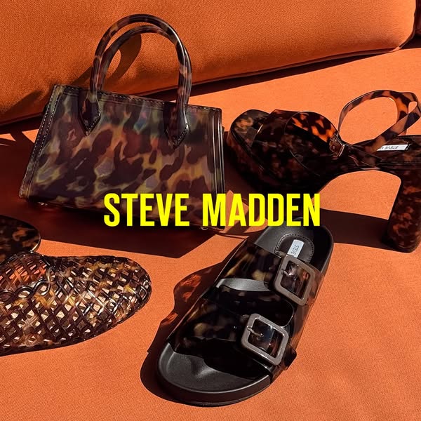 Image ad for Steve Madden featuring a purse and 3 pairs of Steve Madden shoes with a tortoiseshell print on an orange su