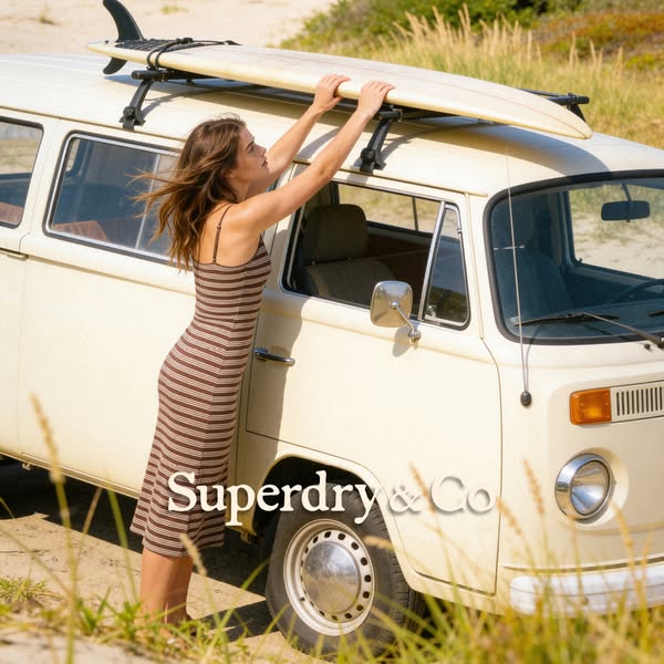 A lifestyle product photo features a woman in a dress next to a vintage van with a surfboard on top. The brand logo is s