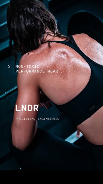 This ad features a close-up shot of a woman wearing activewear from the brand LNDR after a workout. The ad highlights th
