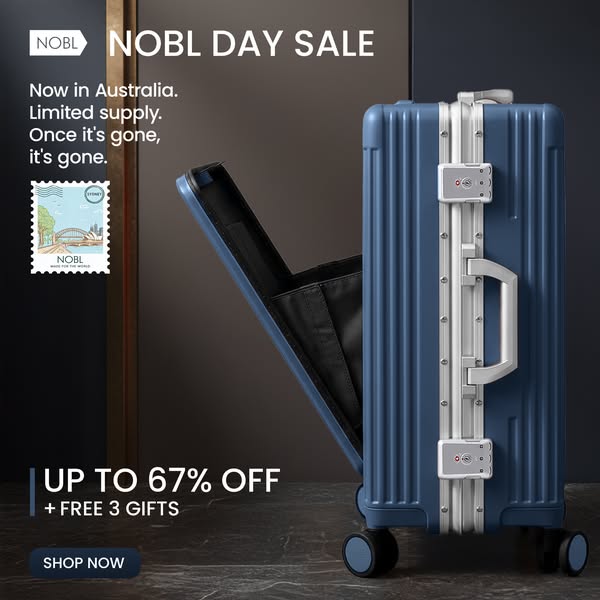 Image ad showcasing a blue NOBL suitcase in front of a dark background, and advertises the NOBL Day Sale in Australia wi