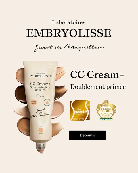This ad promotes Embryolisse's CC Cream+. It features an image of the product tube surrounded by dabs of cream in di