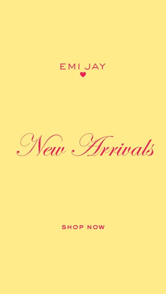This image ad is showcasing new arrivals from the brand Emi Jay. The ad uses a simple yellow background with pink letter