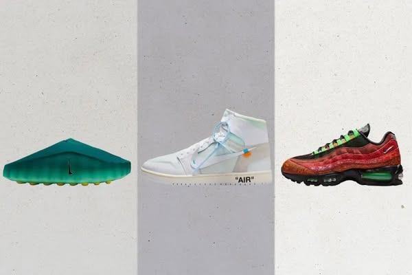A three-panel split of different shoes made by Nike. From left to right, the shoes shown are a turquoise shoe, a white h