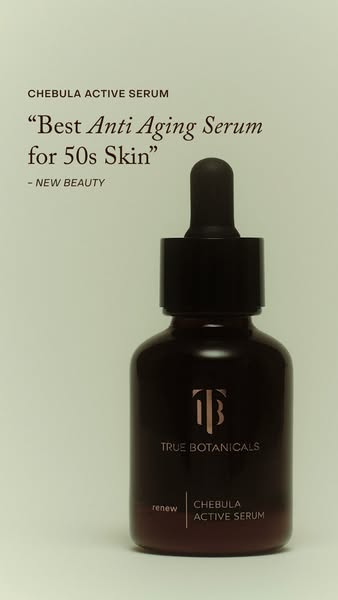 A minimalist image ad for True Botanicals Chebula Active Serum featuring a quote from New Beauty calling it the "Be