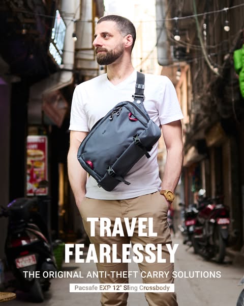 Image ad for Pacsafe EXP 12" Sling Crossbody bag encouraging users to travel fearlessly with their anti-theft carry
