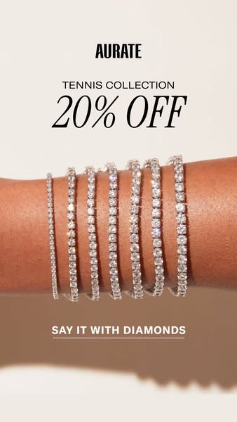 This Aurate image ad features a hand wearing seven tennis bracelets. The bracelets differ in size, offering a range of s
