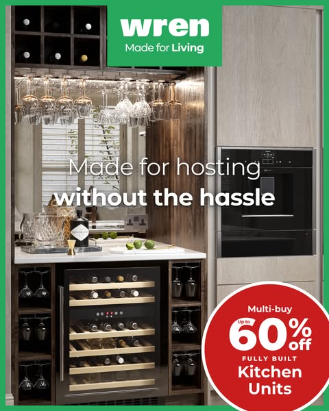 This ad for Wren Kitchens features a stylish built-in bar setup and promotes a multi-buy offer of up to 60% off fully bu