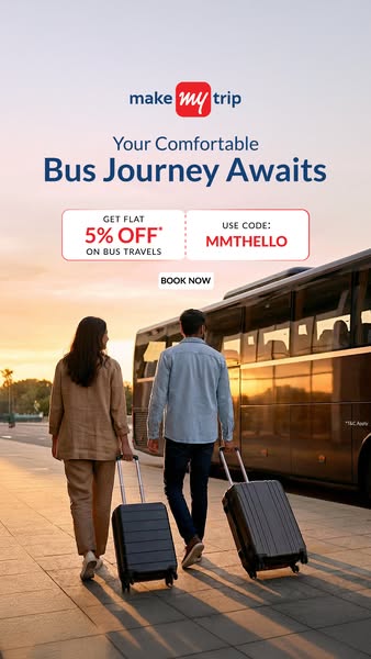 This image ad for Make My Trip promotes bus travel with a 5% discount using a provided code. The ad features a couple wa