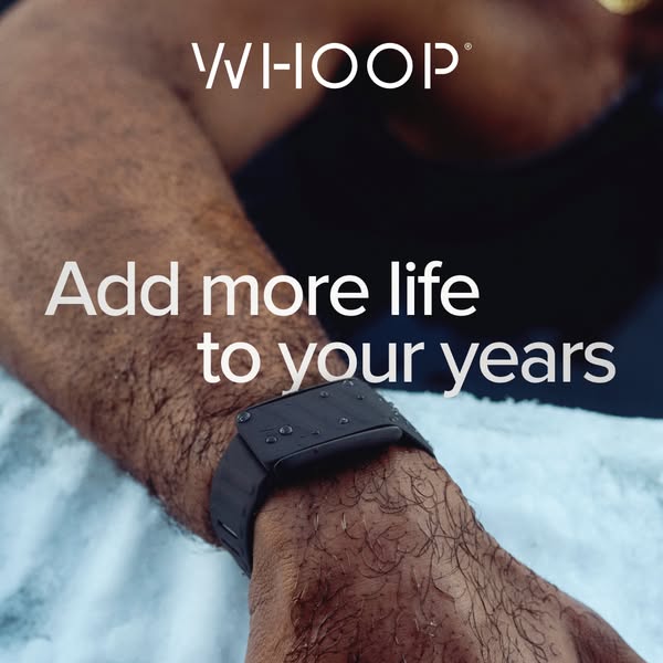 This ad showcases the WHOOP fitness tracker on a sweaty athlete's wrist, suggesting it is durable and can help impro