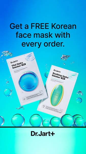 This ad by Dr. Jart+ promotes a free Korean face mask with every order. Two different face masks are highlighted against