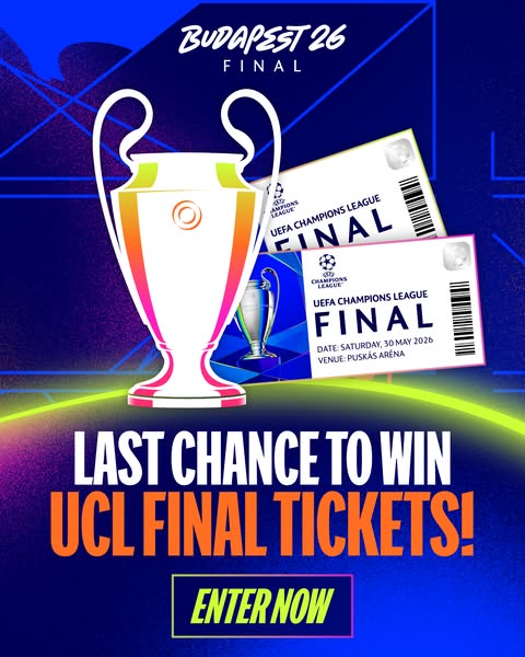 This is a promotional ad for a chance to win tickets to the UEFA Champions League Final in Budapest in 2026.