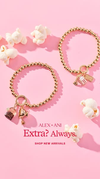 This ad features two bracelets from ALEX+ANI's collection. The bracelets are gold bead bracelets with different char