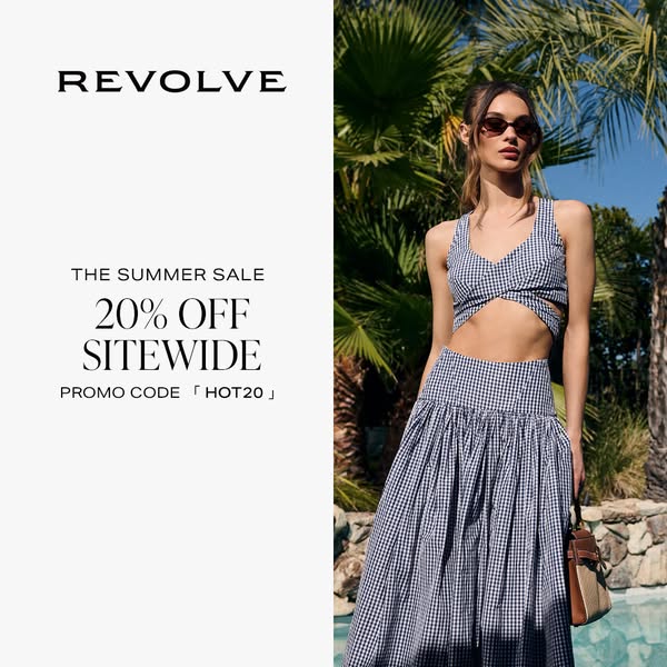 This ad for Revolve promotes a summer sale of 20% off sitewide. The ad features a model in a blue and white gingham two-