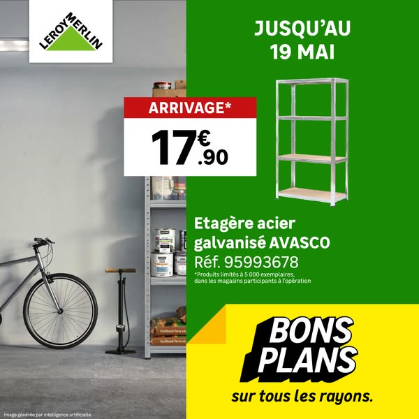 The ad for Leroy Merlin showcases a galvanized steel shelving unit, the AVASCO model, highlighting a promotional price a