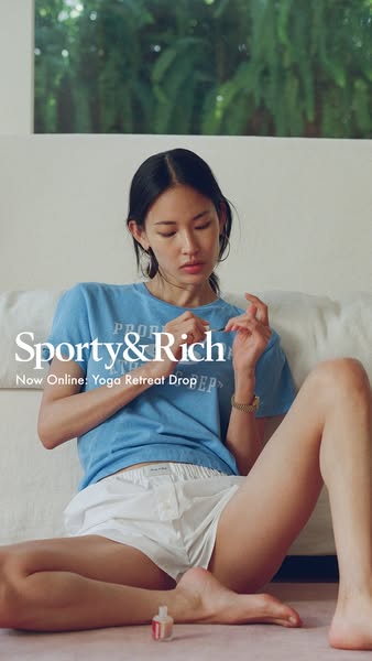 This ad promotes the Sporty & Rich brand and their new Yoga Retreat Drop collection. It features a woman in a casual