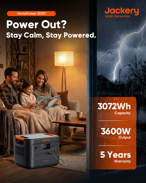 This image ad for the Jackery HomePower 3000 Solar Generator uses a split-screen design to contrast a cozy family scene 