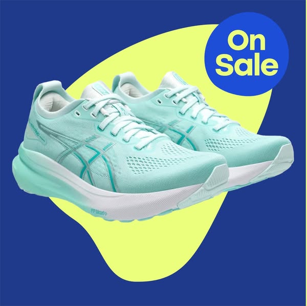 This image ad is designed to highlight the Asics running shoes. It uses a simple composition with contrasting colors and
