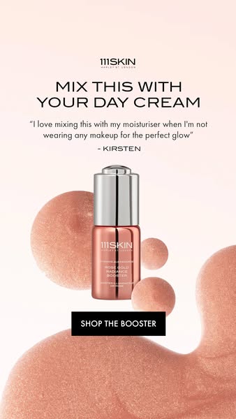 This image ad for 111SKIN promotes its Rose Gold Radiance Booster. It features a quote from a customer named Kirsten who