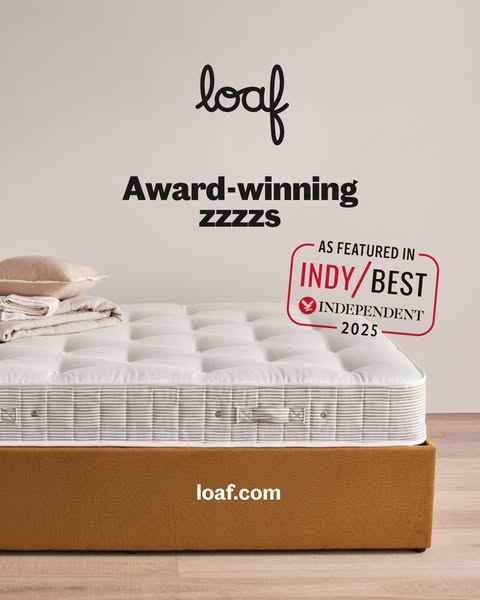 This image ad showcases an award-winning mattress from Loaf. The ad uses an image of the mattress with minimal staging, 