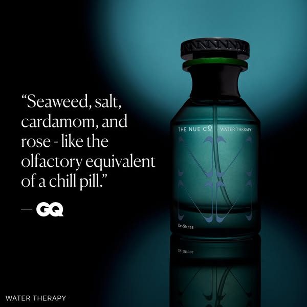 This ad features a quote from GQ describing The Nue Co's Water Therapy fragrance as the olfactory equivalent of a ch
