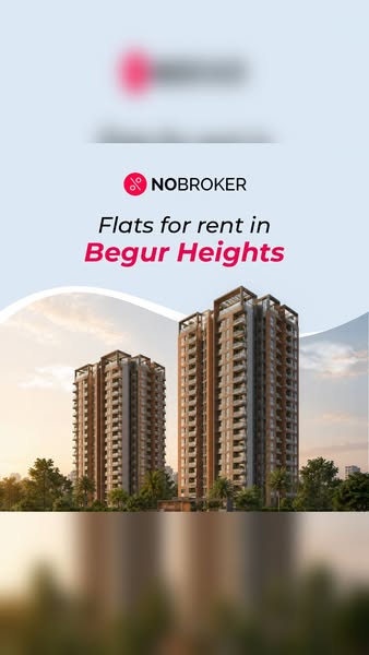 An image ad for NoBroker features a daytime shot of two modern apartment buildings against a blue and white sky. The ad 