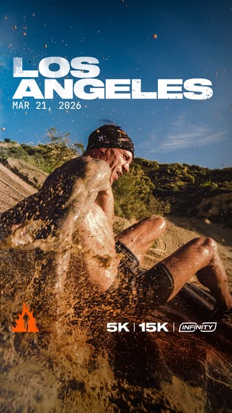 This image ad promotes a mud run event called Los Angeles on March 21, 2026. The ad features a person covered in mud par