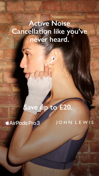 The ad shows a woman wearing Apple Airpod Pros and promotes the active noise cancellation feature, as well as a limited 