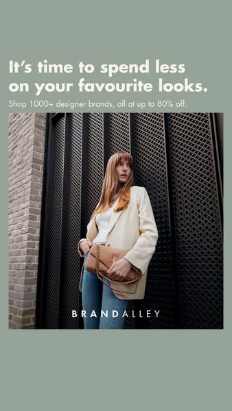 An image ad from BrandAlley shows a model wearing a casual but stylish outfit and carrying a designer handbag. The text 