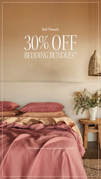 This image ad for Bed Threads promotes a 30% off sale on bedding bundles. The ad features a styled bed with various line