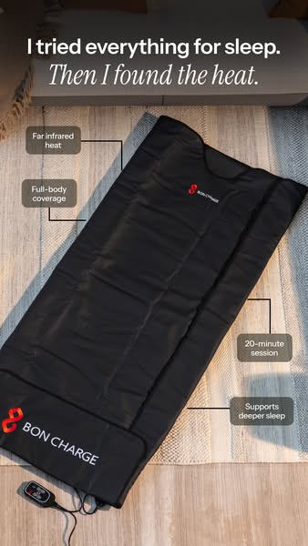 This ad demonstrates features of the Bon Charge Infrared Sauna Blanket, including full-body coverage, far infrared heat,