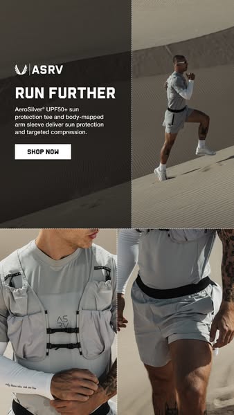 This ad features a man running in athletic wear on sand dunes. The ad highlights the product's sun protection, moist